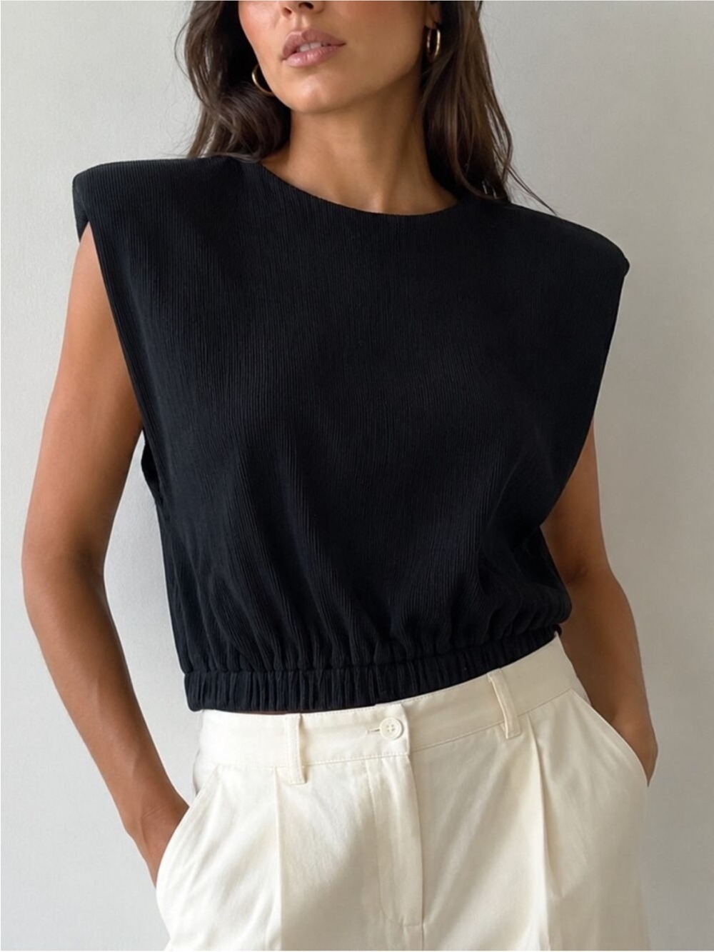 Anthropologie Maeve Ribbed Padded Shoulder Black Sleeveless Top